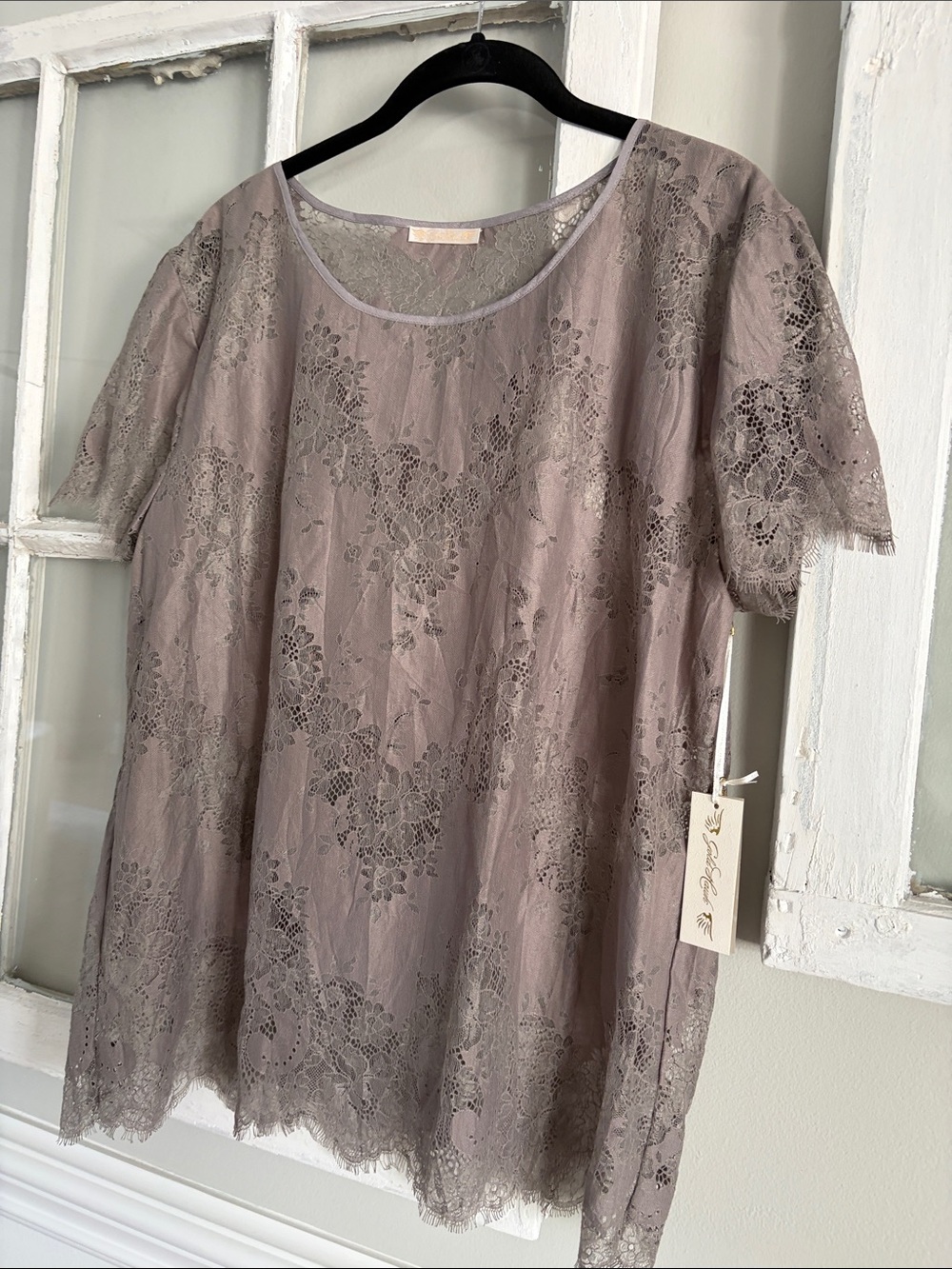 Gold Hawk NWT Short sleeve all over burnout lace Tunic Top in Grey; sz SMALL